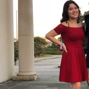 Red off the shoulder fit and flare dress